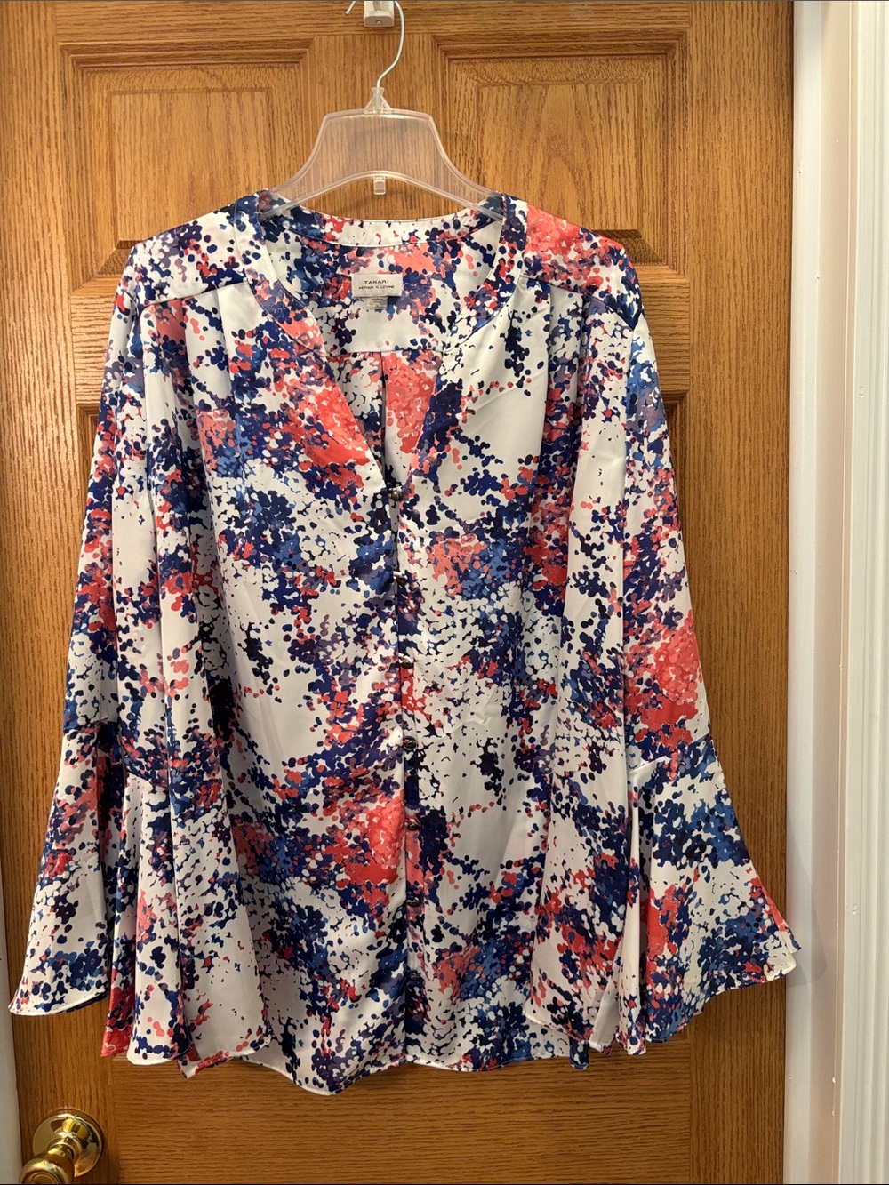 Tahari White Top with Blue and Coral Abstract Print & 3/4 bell sleeves
